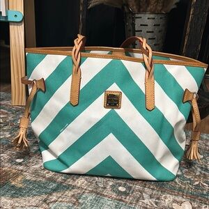 Dooney & Bourke Teal and White Chevron Tote Bag